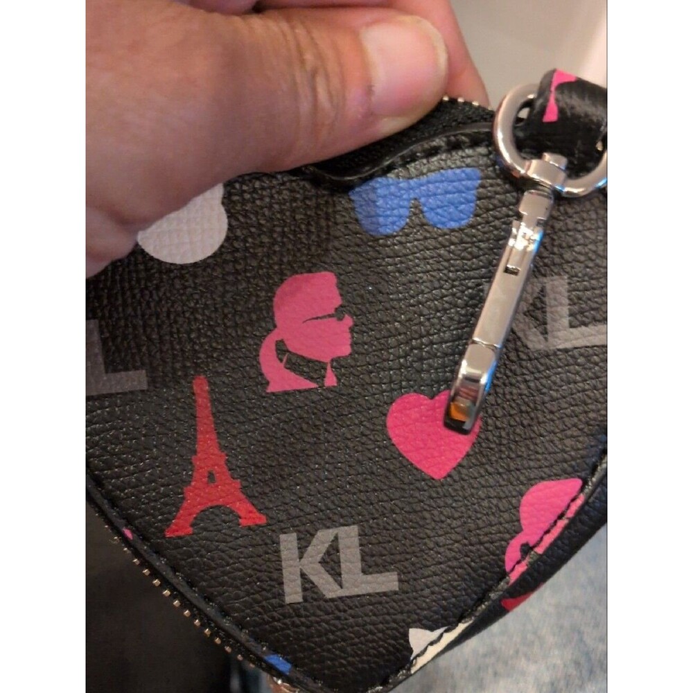 Karl Lagerfeld Heart Coin Pouch Black Pink Blue KL Logo Zip Wallet Card Holder - Picture 6 of 7